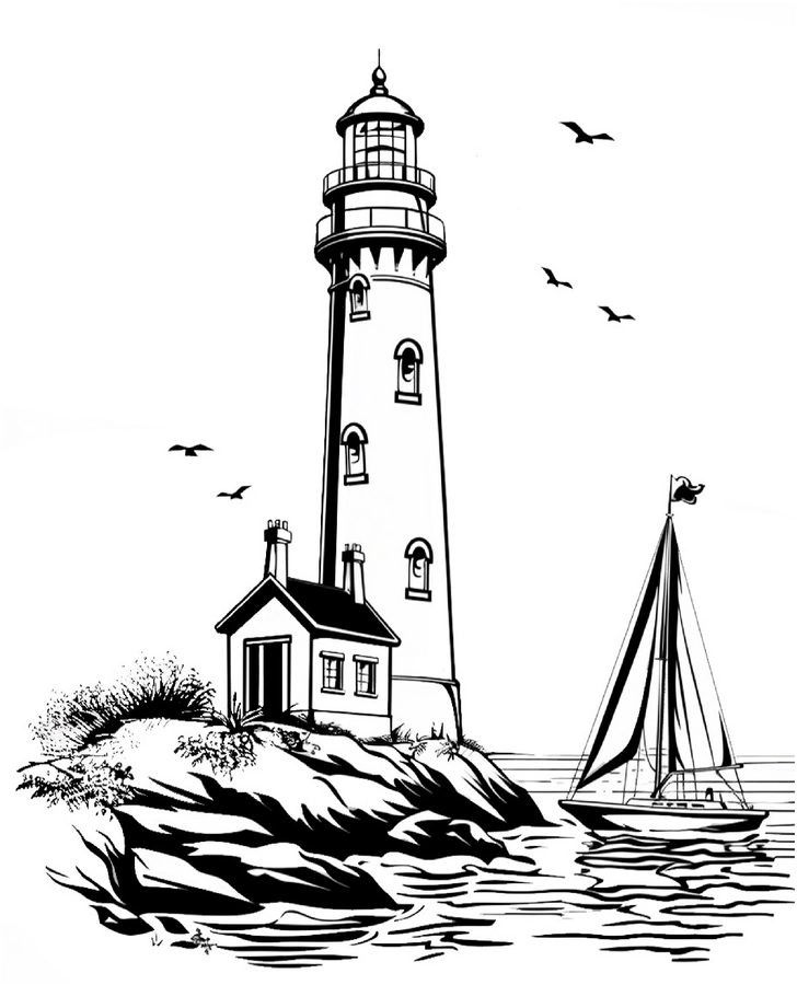 felsiger-leuchtturm-mit-segelboot-ausmalbild