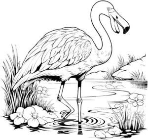 flamingo-im-wasser-mit-pflanzen-und-blumen