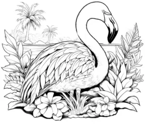flamingo-und-pflanzen-ausmalbild-auf-tropischem-hintergrund