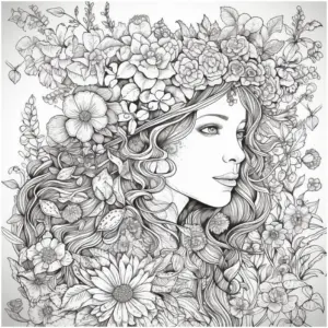 frau-mit-blumenkranz-und-pflanzen-ausmalbild