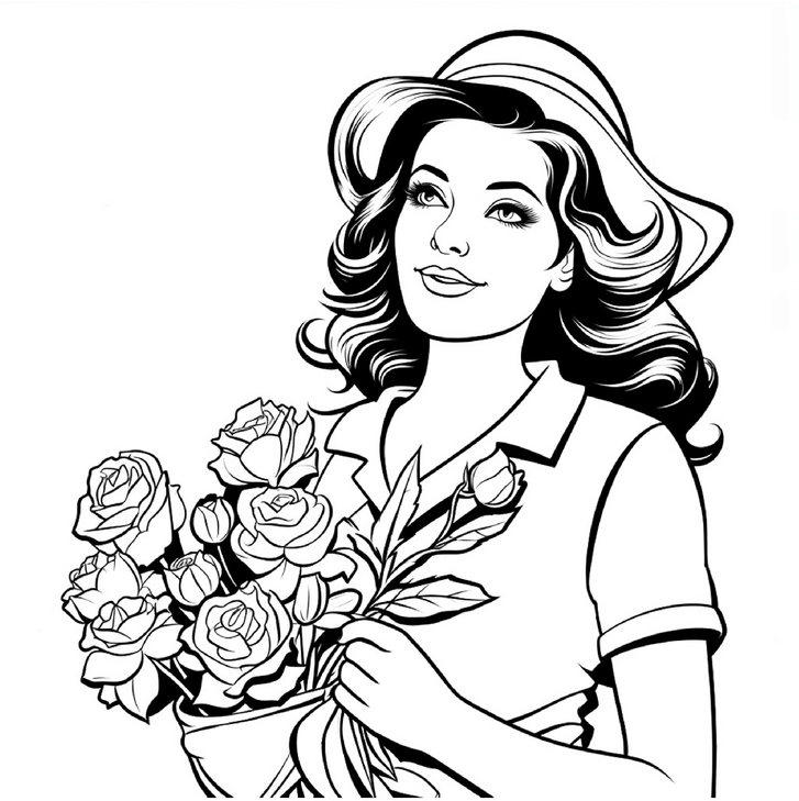 frau-mit-blumenstrauss-ausmalbild