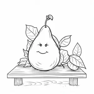 froehliche-birne-ausmalbild-mit-blaettern-und-tisch