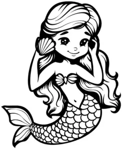 fröhliche-meerjungfrau-mit-muschel-ausmalbild