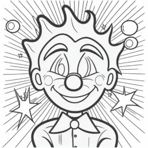 froehlicher-clown-ausmalbild-mit-sternen-und-blasen