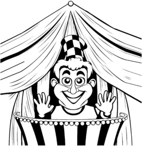 froehlicher-clown-im-zirkuszelt-ausmalbild