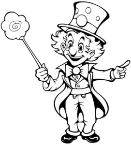 froehlicher-clown-mit-zuckerwatte-ausmalbild