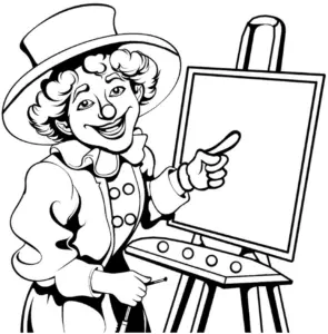 froehlicher-clown-zeigt-auf-leere-leinwand-ausmalbild