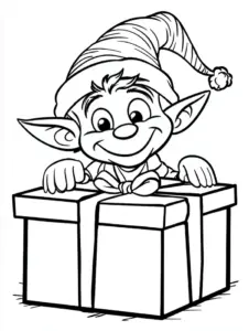 fröhlicher-elf-mit-geschenk-ausmalbild