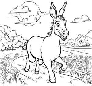 fröhlicher-esel-in-blühender-landschaft