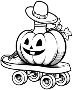 fröhlicher-kürbis-auf-roller-mit-hut