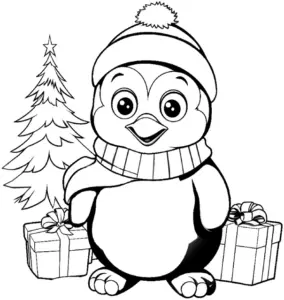 froehlicher-pinguin-im-winter-mit-geschenken-ausmalbild