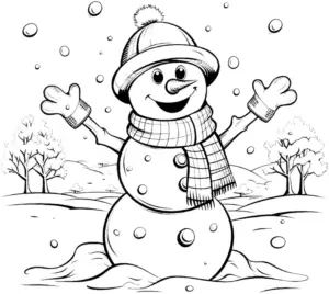 froehlicher-schneemann-im-winter-mit-schneeflocken