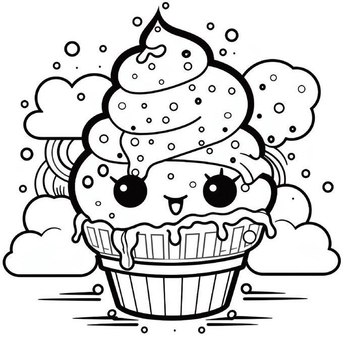 fröhliches-ausmalbild-eines-cupcakes-mit-sahnehaube