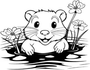 froehliches-ausmalbild-mit-biber-im-wasser-und-blumen
