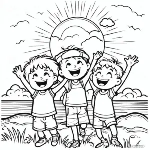 froehliches-ausmalbild-mit-kindern-unter-der-sonne