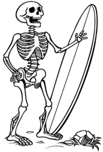 fröhliches-skelett-mit-surfbrett-am-strand