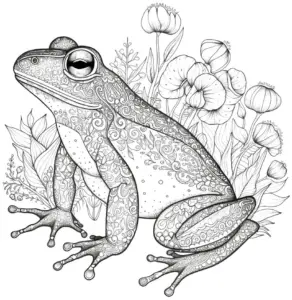 frosch-ausmalbild-mit-blumen-und-pflanzen