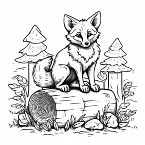 fuchs-auf-einem-baumstamm-mit-nadelbaumen-und-pflanzen