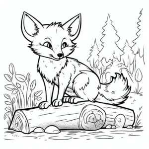 fuchs-ausmalbild-auf-baumstamm-mit-pflanzen