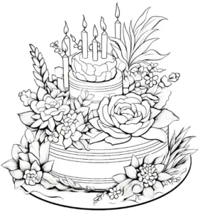 geburtstagskuchen-ausmalbild-mit-blumen-und-kerzen