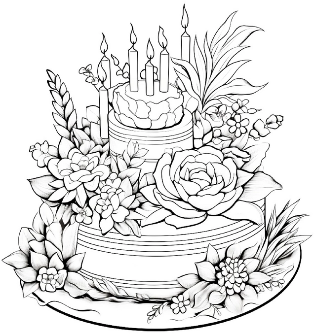 geburtstagskuchen-ausmalbild-mit-blumen-und-kerzen