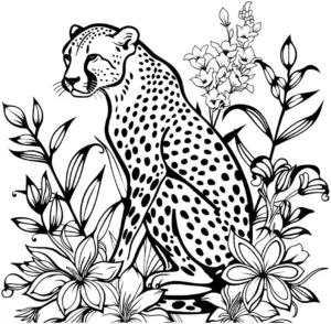 gepard-ausmalbild-mit-blumen-und-pflanzen