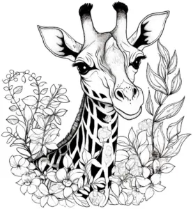 giraffe-mit-blumen-und-pflanzen-ausmalbild