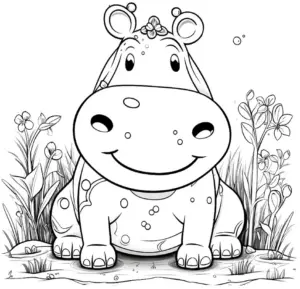 glueckliches-nilpferd-ausmalbild-mit-blumen-und-pflanzen