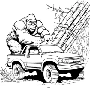 gorilla-auf-auto-mit-bambus-ausmalbild