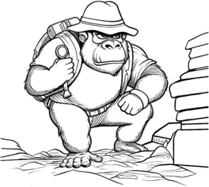 gorilla-ausmalbild-mit-hut-und-rucksack