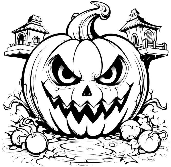 gruselige-jack-o-lantern-ausmalbild-mit-haeusern