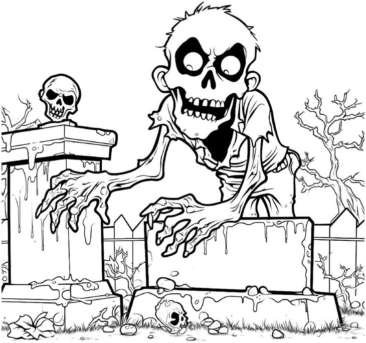 gruseliges-ausmalbild-mit-zombie-auf-friedhof