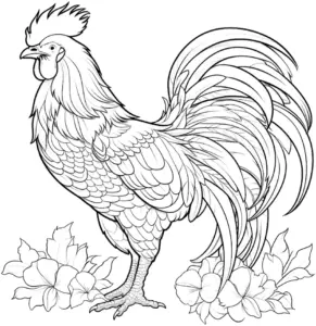 hahn-im-garten-mit-blumen-ausmalbild