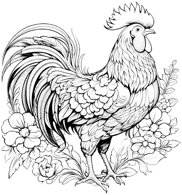 hahn-mit-blumen-ausmalbild-fuer-kinder