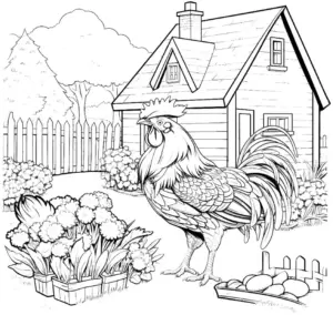 hahn-vor-bauernhaus-ausmalbild