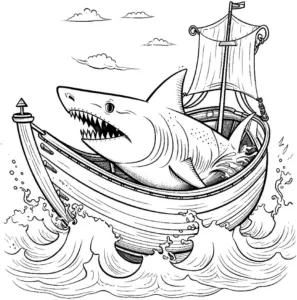 hai-im-boot-ausmalbild-mit-wellen-und-wolken