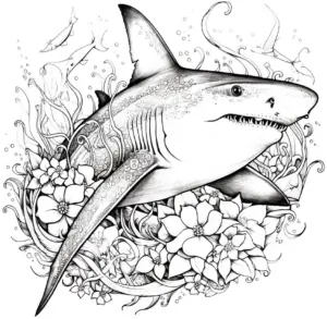 hai-mit-blumen-und-wasserpflanzen-ausmalbild