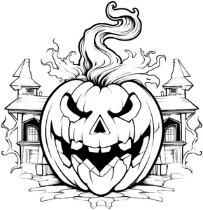halloween-kuerbis-mit-gruseligen-haeusern-ausmalbild