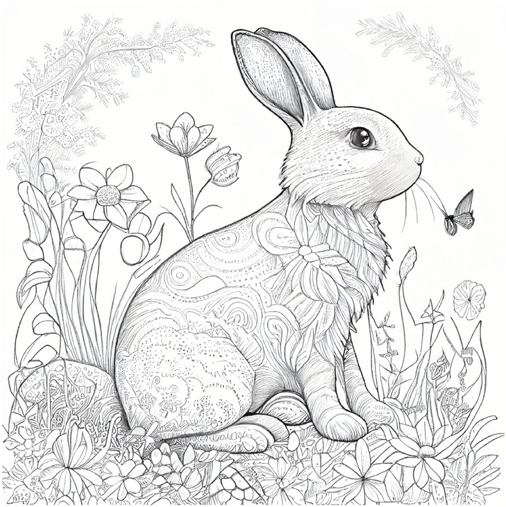 hase-in-blumen-und-schmetterling-ausmalbild