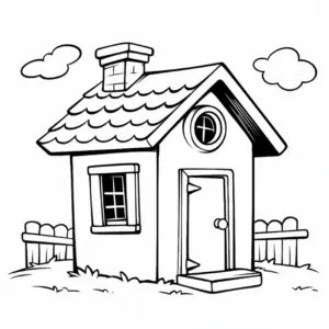 haus-ausmalbild-mit-rundfenster-und-zaun