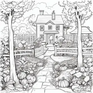 haus-im-garten-mit-pflanzen-und-kuerbis-ausmalbild