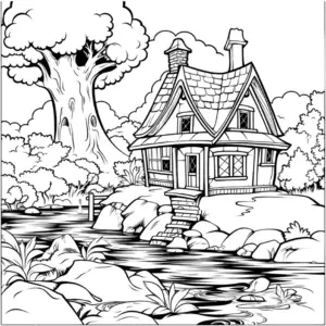 haus-im-wald-mit-baum-und-bach