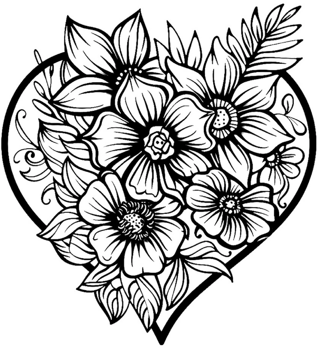 Ausmalbild Herz mit Blumenarrangement