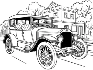 historisches-auto-ausmalbild-vor-einem-gebaeude