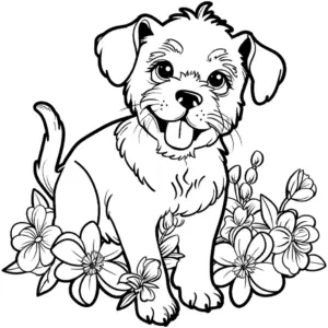 hund-ausmalbild-mit-blumen-auf-gruenen-wiesen