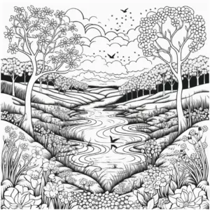 idyllische-ausmalbilder-mit-fluss-und-baeumen