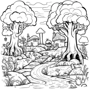 idyllische-waldlandschaft-mit-haeusern-und-pflanzen