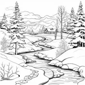 idyllisches-ausmalbild-einer-winterlandschaft-mit-fluss-und-haeuschen