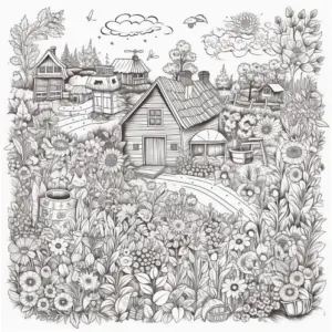 idyllisches-ausmalbild-mit-blumen-und-haus