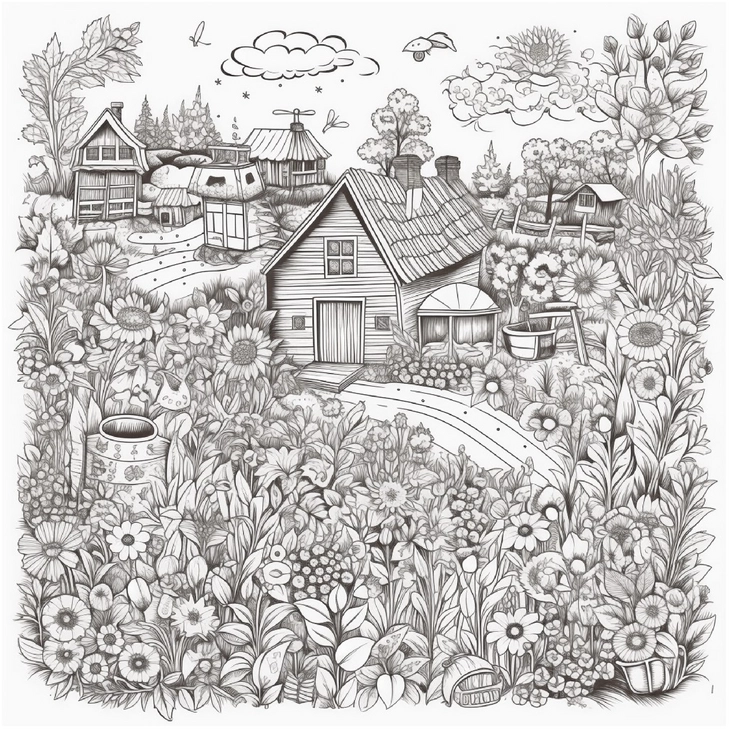 idyllisches-ausmalbild-mit-blumen-und-haus